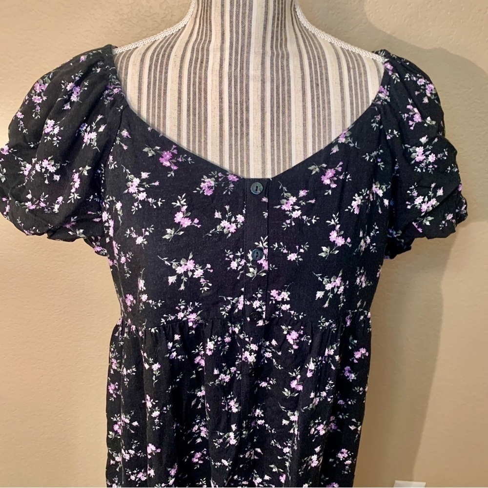 Wild Fable Boho Dress Medium Black Floral Purple Green Flowy Puff Sleeves - Picture 2 of 16